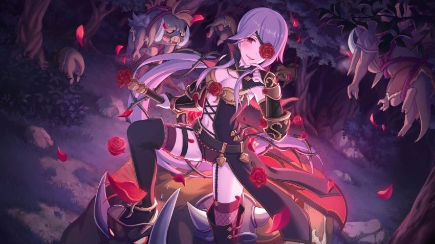 1girl bound breasts cleavage cygames eyepatch flower hanging_from_tree high_heels long_hair official_art orc petals princess_connect! purple_hair red_eyes rose shorts sword thigh-highs weapon yoigahama_mitsuki