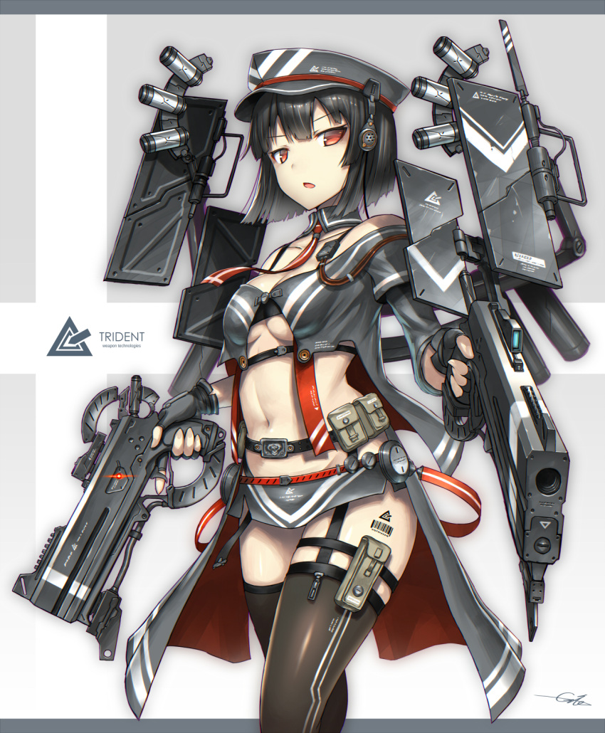 1girl bangs barcode_tattoo black_hair blunt_bangs breasts cleavage collarbone detached_collar dual_wielding fingerless_gloves garter_straps gia gloves gun hat headset highres looking_at_viewer medium_breasts necktie original red_eyes skirt solo standing tattoo thigh-highs under_boob underwear weapon