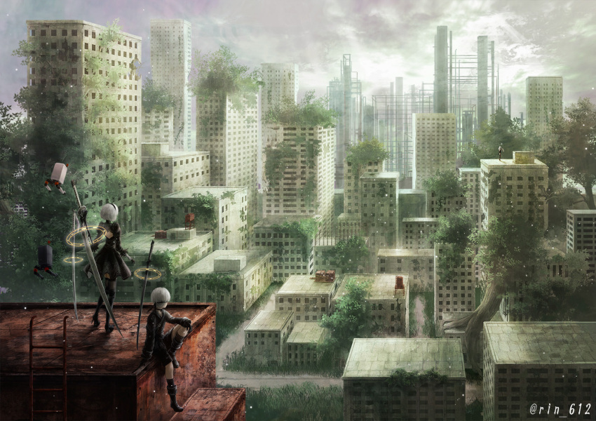 1boy 2girls black_dress black_footwear black_shorts blindfold boots building clouds cloudy_sky commentary commentary_request dress hand_on_own_knee ladder long_hair multiple_girls nier_(series) nier_automata perspective robot scenery shadow short_dress short_hair shorts signature sitting sky standing sword tree wariko weapon white_hair yorha_no._2_type_b yorha_no._9_type_s yorha_type_a_no._2
