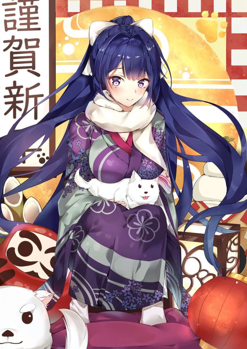 1girl 2018 absurdres bangs benghuai_xueyuan blush breasts cleavage closed_mouth commentary_request dog highres honkai_impact japanese_clothes kimono lantern large_breasts lingyan_heiye long_hair looking_at_viewer new_year purple_hair raiden_mei smile solo violet_eyes