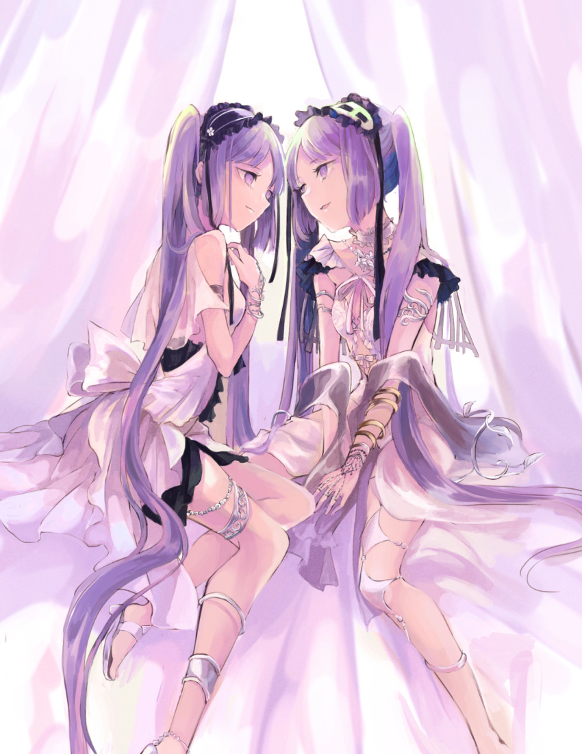 2girls armlet bracelet choker dress euryale fate/apocrypha fate/grand_order fate_(series) hairband highres jewelry mitu-yuki multiple_girls on_bed open_mouth purple_hair ring sitting sitting_on_bed stheno twintails violet_eyes