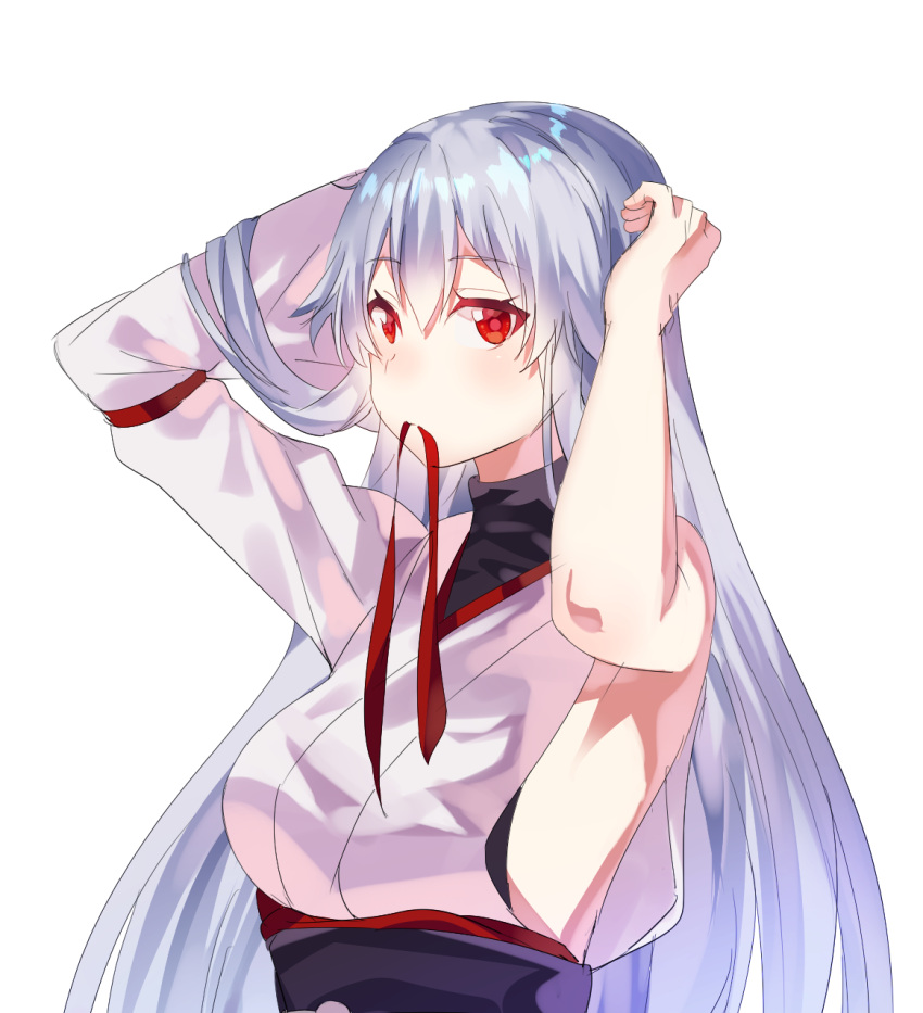 1girl armpits fate/grand_order fate_(series) grey_hair hair_ribbon highres japanese_clothes korokimi mouth_hold red_eyes ribbon tomoe_gozen tomoe_gozen_(fate/grand_order) undressing