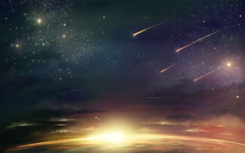 clouds cloudy_sky commentary commentary_request earth highres leona_(yun_laurant) night night_sky no_humans original outdoors shooting_star sky space star_(sky) starry_sky stratosphere sun sunlight twilight