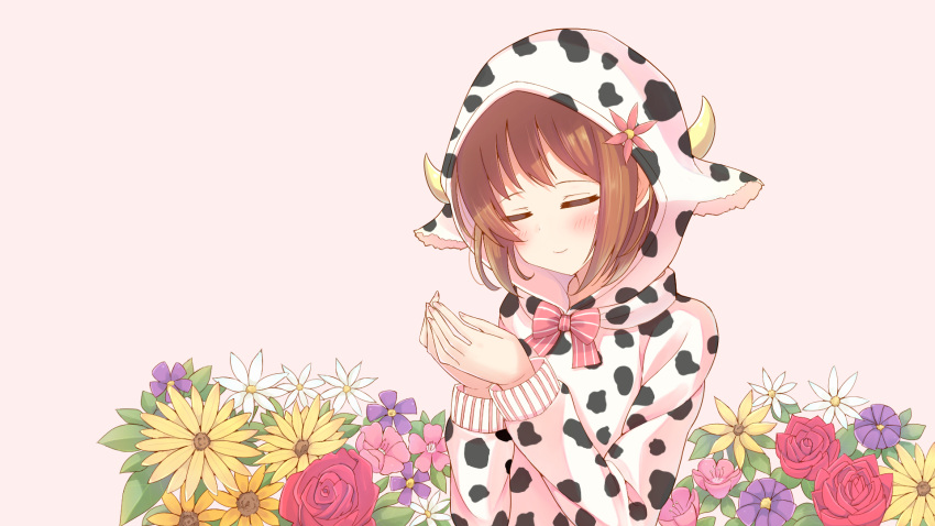 1girl animal_ears animal_print blush bow brown_background brown_hair closed_eyes closed_mouth commentary_request cow_ears cow_hood cow_horns cow_print fingernails flower hair_flower hair_ornament hands_up highres hood hoodie horns long_sleeves makiaato nail_polish original pink_bow pink_flower pink_nails purple_flower red_flower red_rose rose simple_background smile solo striped striped_bow white_flower yellow_flower