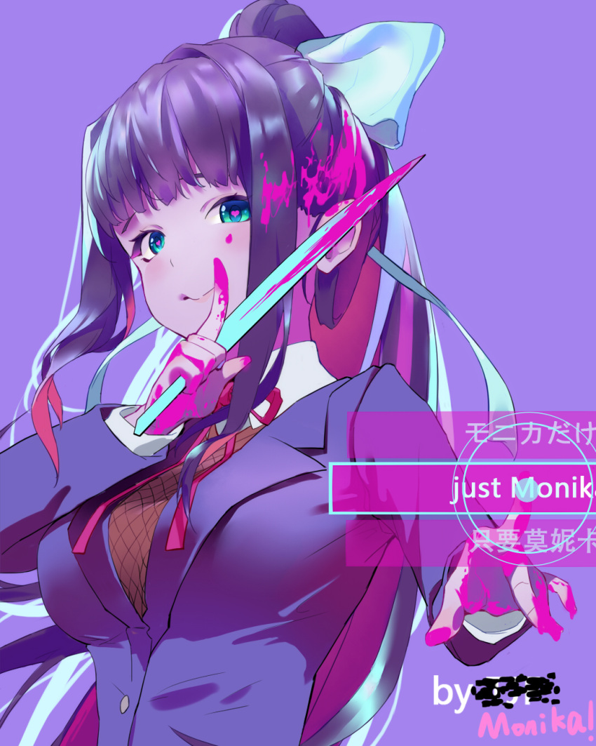 1girl bangs blazer blood blood_on_face bloody_hair bloody_hands bloody_knife blunt_bangs bow breasts brown_hair buttons closed_mouth collared_shirt doki_doki_literature_club green_eyes hair_bow heart heart-shaped_pupils high_ponytail highres holding holding_knife jacket knife large_breasts long_hair long_sleeves looking_at_viewer monika_(doki_doki_literature_club) neck_ribbon pink_blood purple_background purple_jacket red_ribbon ribbon school_uniform shirt smile spoilers symbol-shaped_pupils white_bow