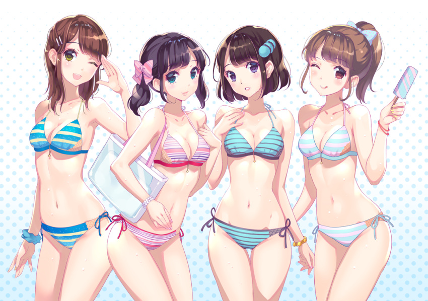4girls ;d ;q arm_at_side arm_up armpits bag bangs bare_shoulders bikini black_hair black_ribbon blue_bikini blue_eyes blue_ribbon blunt_bangs bow bracelet breasts brown_hair cleavage closed_mouth commentary_request eyebrows_visible_through_hair food gradient gradient_background green_eyes hair_bow hair_ornament hairclip halftone halftone_background halter_top halterneck head_tilt jewelry lips looking_at_viewer medium_breasts medium_hair multiple_girls nail_polish navel nishimura_eri one_eye_closed open_mouth original parted_lips pink_bikini pink_bow polka_dot polka_dot_bow ponytail popsicle red_eyes red_ribbon ribbon scrunchie shoulder_bag side-tie_bikini sidelocks smile stomach striped striped_bikini swimsuit tareme tongue tongue_out twintails violet_eyes wrist_scrunchie yellow_nails