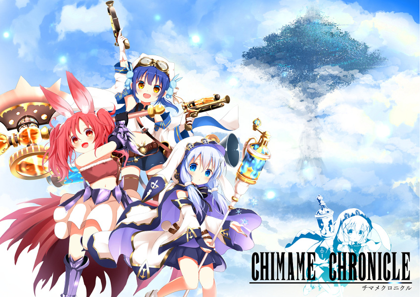 3girls :d ang animal_ears animal_hood antique_firearm arm_up armor armored_boots axe battle_axe belt belt_buckle between_legs black_gloves blue_eyes blue_hair blue_skirt blue_sky blunderbuss blush boots bridal_gauntlets brown_legwear buckle bunny_hood bunny_tail chimame_chronicle closed_mouth clouds commentary_request copyright_name detached_sleeves dual_wielding faulds firearm firelock flintlock full_body fur_trim gloves gochuumon_wa_usagi_desu_ka? goggles goggles_on_head gun hair_ornament hat holster hood hooded_cape jouga_maya joutarou_(vv-kancole) kafuu_chino long_hair looking_at_viewer low_twintails midriff multiple_girls natsu_megumi navel open_mouth orange_eyes rabbit_ears red_eyes redhead skirt sky smile spiked_gauntlets staff strapless swinging tail thigh-highs tree tubetop twintails vambraces weapon white_skirt wide_sleeves x_hair_ornament
