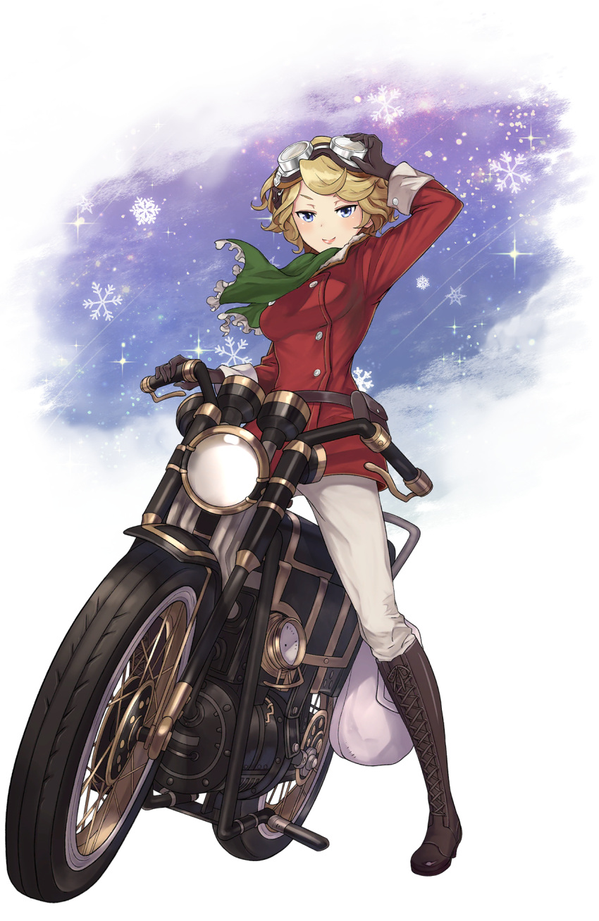 1girl adjusting_headwear black_gloves blonde_hair blue_eyes blue_sky full_body gloves goggles goggles_on_head green_scarf ground_vehicle highres jane_mclean looking_at_viewer motor_vehicle motorcycle official_art pants princess_principal princess_principal_game_of_mission sack scarf sky smile snowflakes solo transparent_background white_pants