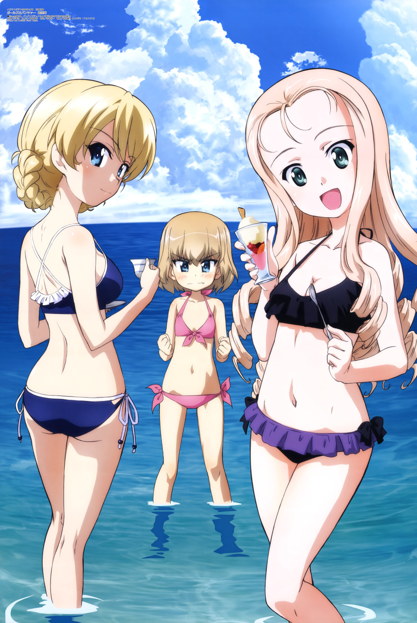 3girls :d absurdres aqua_eyes ass bangs bare_arms bare_back bare_legs bare_shoulders bikini black_bikini_bottom blonde_hair blue_bikini blue_eyes blue_sky braid breasts cleavage clouds collarbone cup darjeeling day drill_hair eyebrows_visible_through_hair fang fang_out flat_chest food forehead frilled_bikini_top frills front-tie_bikini front-tie_top girls_und_panzer halter_top halterneck highres holding holding_cup holding_spoon horizon ice_cream katyusha legs_apart long_hair looking_at_viewer marie_(girls_und_panzer) medium_breasts megami multiple_girls navel ocean open_mouth pink_bikini ribbon saucer scan short_hair side-tie_bikini sideboob sky smile standing stomach strap_gap sundae swimsuit teacup translation_request v-shaped_eyebrows wading water white_ribbon