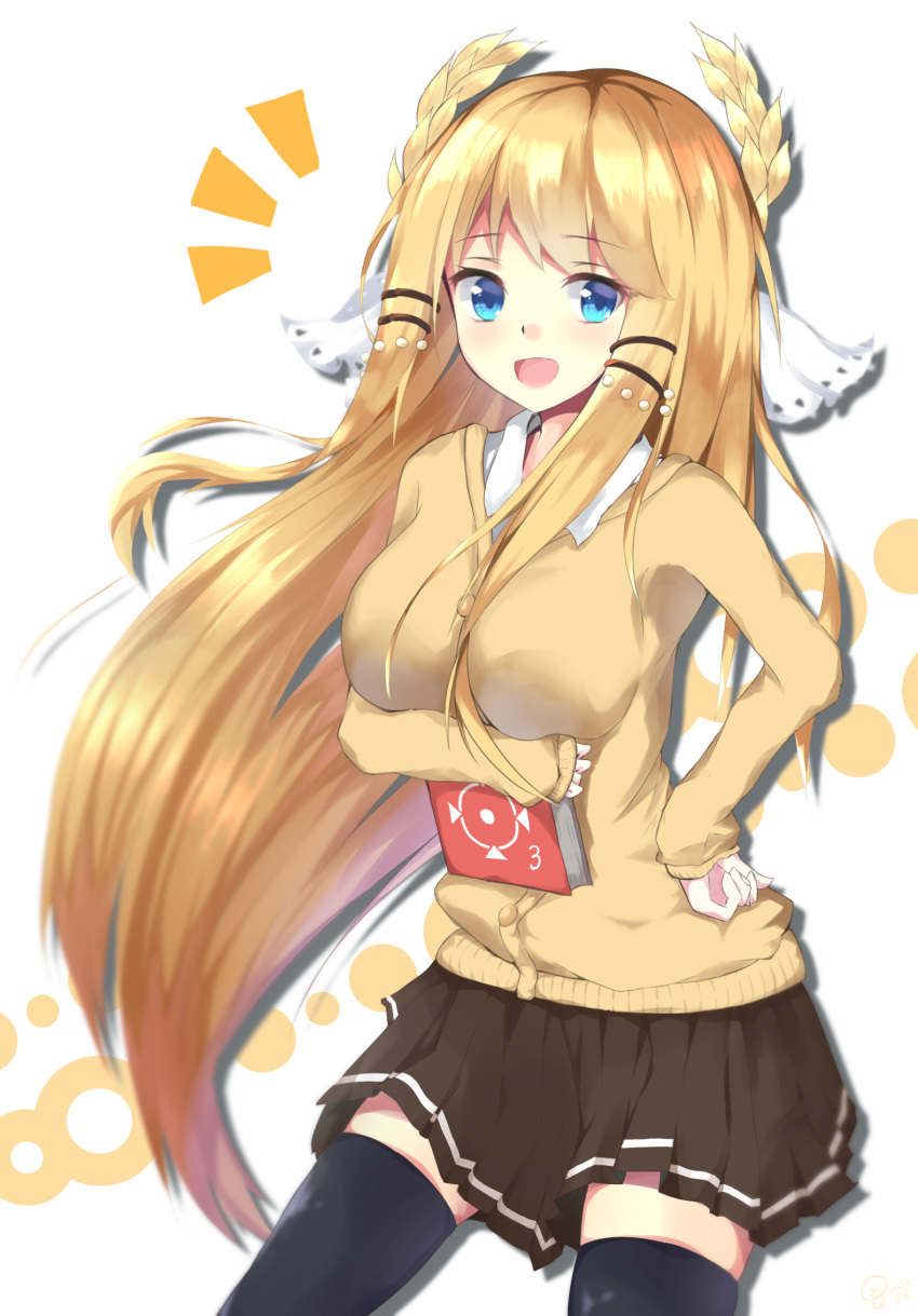 1girl :d alternate_costume azur_lane black_legwear black_skirt blonde_hair blue_eyes book breasts cardigan collared_shirt commentary_request contemporary cowboy_shot eyebrows_visible_through_hair floating_hair hand_on_hip highres holding holding_book k-doku large_breasts laurel_crown long_hair long_sleeves looking_at_viewer miniskirt open_mouth pleated_skirt school_uniform shirt skirt smile solo thigh-highs veil very_long_hair victorious_(azur_lane) zettai_ryouiki