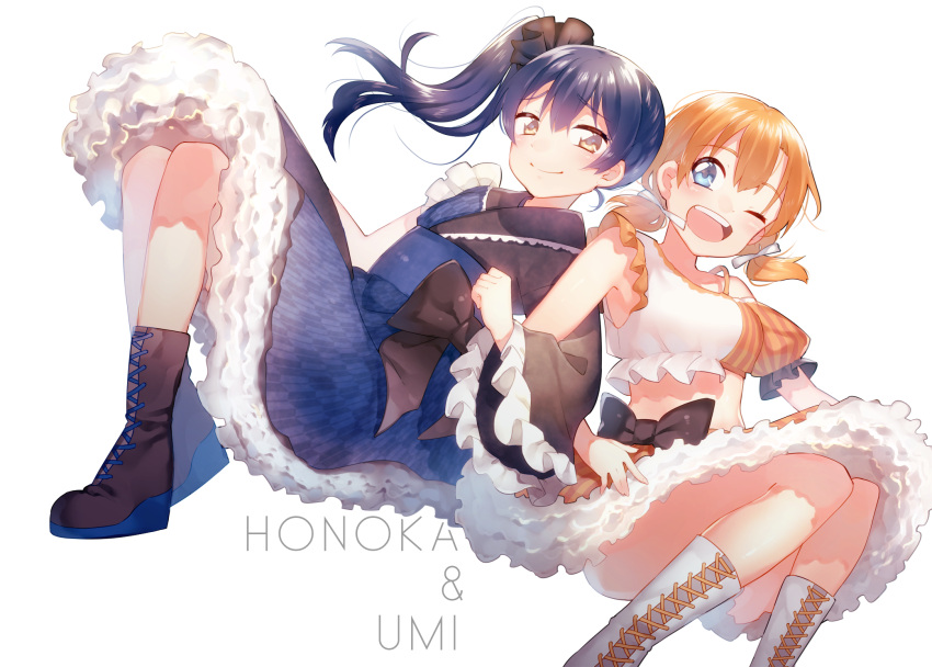 2girls alternate_hairstyle bangs blue_eyes blue_hair blush character_name commentary_request eyebrows_visible_through_hair floating_hair frills hair_between_eyes highres kousaka_honoka locked_arms long_hair long_sleeves looking_at_viewer love_live! love_live!_school_idol_project multiple_girls one_eye_closed one_side_up open_mouth orange_hair side_ponytail simple_background skirt sleeveless smile sonoda_umi tsubura twintails white_background yellow_eyes