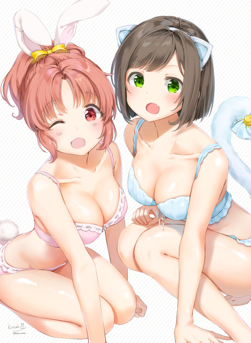 2girls :d ;d abe_nana animal_ears arm_support bangs bare_arms bare_shoulders barefoot blue_bra blue_panties blue_ribbon blush bra breasts bunny_tail cat_ears cat_tail cleavage collarbone commentary_request eyebrows_visible_through_hair fang green_eyes highres idolmaster idolmaster_cinderella_girls large_breasts leaning_forward looking_at_viewer maekawa_miku multiple_girls one_eye_closed open_mouth panties parted_bangs pink_bra pink_panties ponytail rabbit_ears revision ribbon ribbon-trimmed_bra seiza shiny shiny_skin shiratama_akane short_hair signature simple_background sitting smile squatting striped striped_background swept_bangs tail tail_ribbon tareme thighs underwear underwear_only white_background