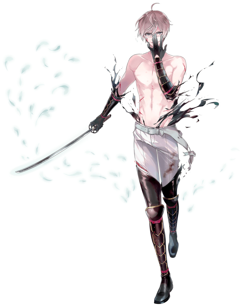 1boy adjusting_eyewear black_gloves blonde_hair blood blue_eyes boots dirty_clothes glasses gloves highres homerun_ken injury katana kikkou_sadamune kiwame_(touken_ranbu) male_focus official_art pants shirtless sword thigh-highs thigh_boots torn_clothes torn_pants touken_ranbu transparent_background weapon