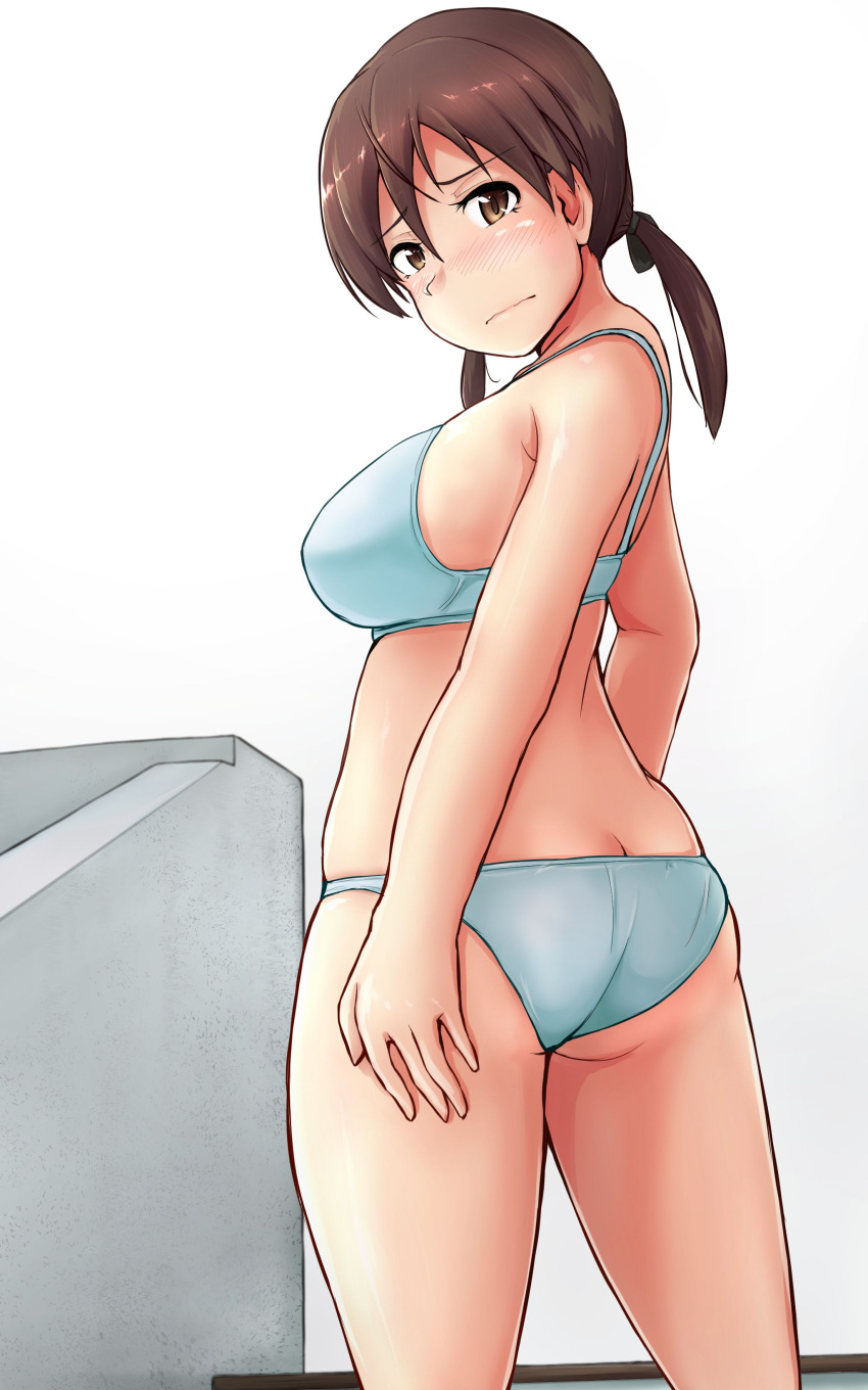 1girl absurdres ass back bangs blue_bra blue_panties blush bra brown_eyes brown_hair butt_crack closed_mouth commentary_request cowboy_shot curvy embarrassed eyebrows_visible_through_hair from_behind frown gertrud_barkhorn hair_tie highres looking_at_viewer panties shigekikkusu solo standing strike_witches twintails underwear underwear_only wading white_background world_witches_series