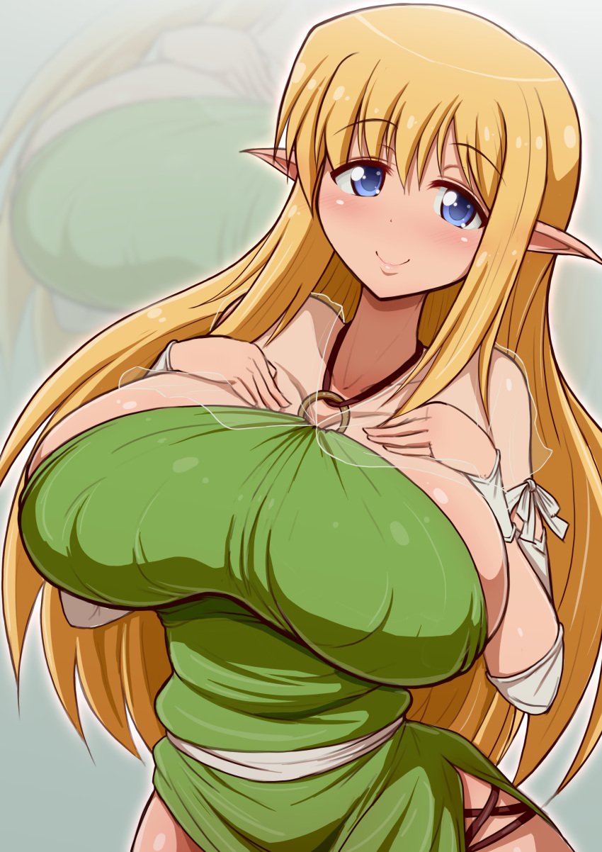 1girl absurdres blonde_hair blue_eyes breasts bridal_gauntlets elf halterneck highres huge_breasts long_hair pointy_ears ponpo solo tiffania_westwood zero_no_tsukaima