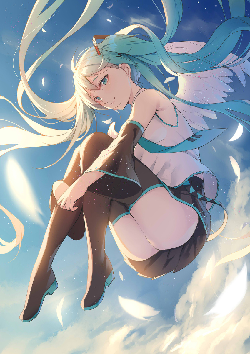 1girl 39 absurdres alexmaster angel_wings aqua_eyes aqua_hair armpits belt black_footwear black_legwear blue_sky boots clouds detached_sleeves feathers from_below hatsune_miku highres long_hair looking_at_viewer miniskirt necktie skirt sky solo thigh-highs thigh_boots twintails very_long_hair vocaloid wings