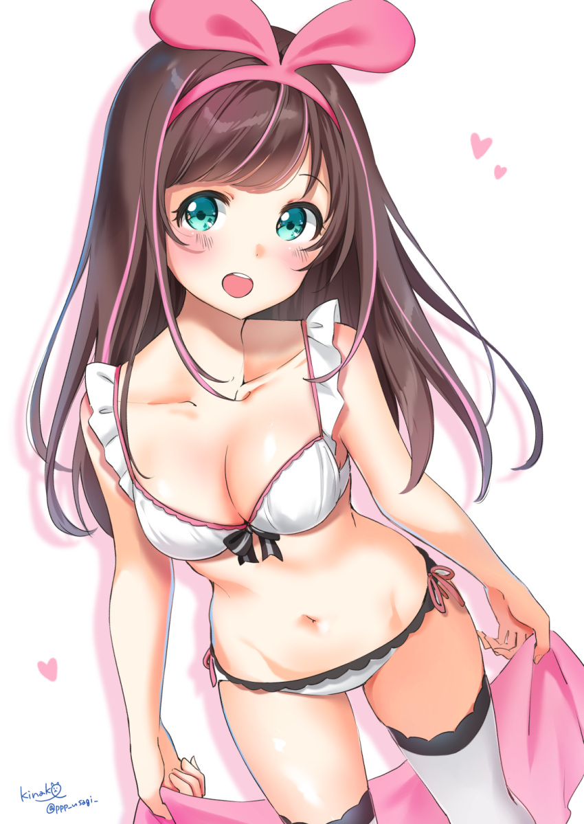 1girl :d a.i._channel bangs bare_shoulders blue_background blush bra breasts brown_hair cleavage collarbone from_above gradient gradient_background hair_ribbon hairband heart highres holding kizuna_ai legs_apart lingerie long_hair looking_at_viewer looking_up medium_breasts multicolored_hair navel open_mouth panties pink_hair pink_hairband pink_ribbon revision ribbon round_teeth shiratama_akane side-tie_panties smile solo standing swept_bangs tareme teeth thigh-highs twitter_username two-tone_hair underwear underwear_only white_bra white_legwear white_panties