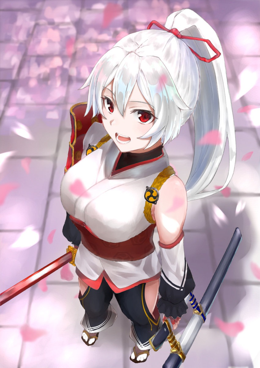 1girl absurdres cherry_blossoms fate/grand_order fate_(series) highres holding holding_weapon looking_at_viewer open_mouth red_eyes sword takubon_(xewh4773) thighs tile_floor tiles tomoe_gozen_(fate/grand_order) weapon