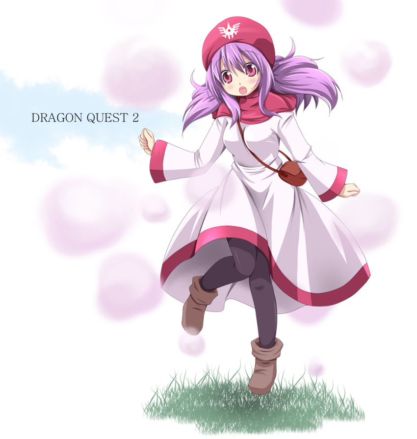 1girl breasts capelet commentary_request dragon_quest dragon_quest_ii dress full_body hood hood_up long_hair long_sleeves looking_at_viewer pantyhose princess princess_of_moonbrook purple_hair solo standing u-zone violet_eyes white_dress white_robe