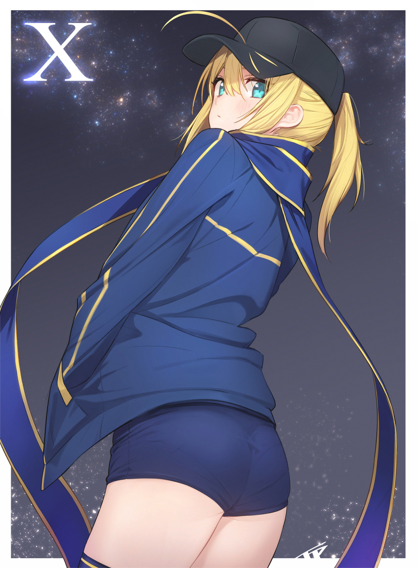 1girl absurdres ahoge artoria_pendragon_(all) ass bangs baseball_cap black_hat blue_buruma blue_jacket blue_scarf blush buruma character_name closed_mouth cowboy_shot double_vertical_stripe expressionless fate/grand_order fate_(series) fpanda freckles hair_between_eyes hands_in_sleeves hat highres jacket long_hair looking_at_viewer looking_back mysterious_heroine_x night night_sky open_clothes open_jacket outside_border panties panties_under_buruma pantylines ponytail scarf sky solo standing star_(sky) starry_sky thigh-highs thighs track_jacket underwear