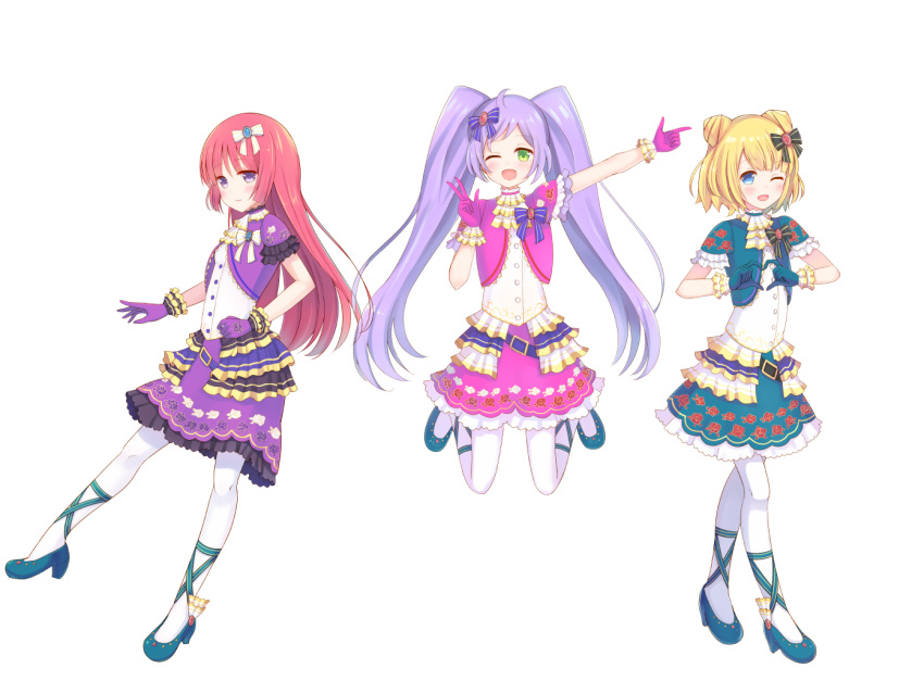 3girls ;d black_bow blonde_hair blue_eyes blush bow closed_mouth double_bun gloves green_eyes green_footwear green_gloves green_ribbon green_skirt hair_bow heart heart_hands high_heels houjou_sophie leg_ribbon long_hair looking_at_viewer makiaato manaka_lala minami_mirei multiple_girls one_eye_closed open_mouth outstretched_arm pantyhose pink_gloves pink_skirt pripara puffy_short_sleeves puffy_sleeves purple_bow purple_gloves purple_hair purple_skirt redhead ribbon short_sleeves simple_background skirt smile striped striped_bow twintails v very_long_hair violet_eyes white white_background white_bow white_legwear