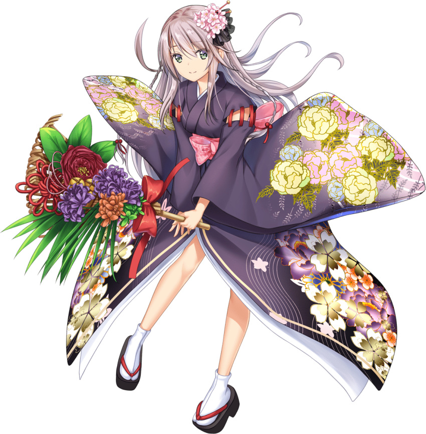 1girl artwhirl_mahou_gakuen_no_otome-tachi bangs black_kimono ceres_(artwhirl) closed_mouth floating_hair floral_print flower full_body green_eyes hair_between_eyes hair_flower hair_ornament japanese_clothes kimono long_hair long_sleeves looking_at_viewer orange_flower pink_flower print_sleeves purple_flower shiny shiny_hair smile solo tabi tachi-e transparent_background very_long_hair white_hair wide_sleeves yukata zinno