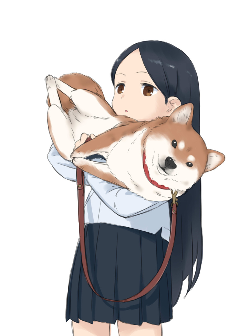 1girl absurdres black_hair brown_eyes collar forehead highres hug japanese_clothes kimono laika_(sputnik2nd) leash long_hair looking_at_viewer parted_lips pleated_skirt shiba_inu simple_background skirt white_background