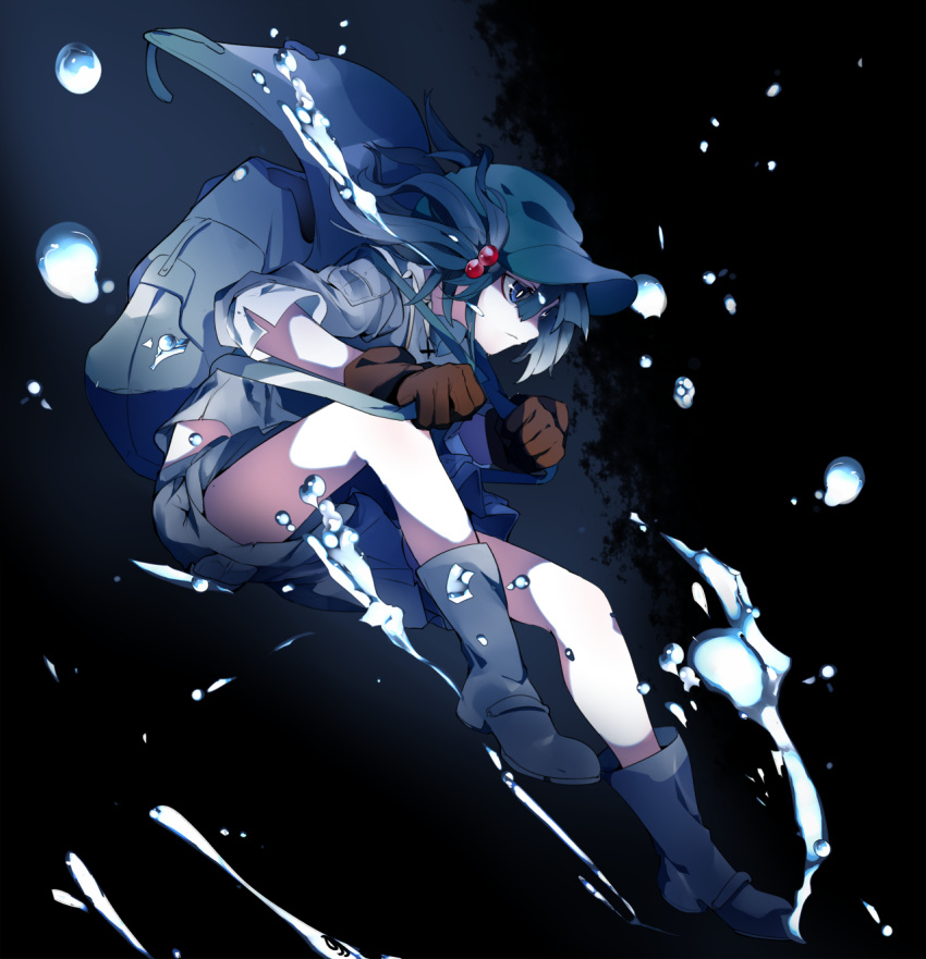 1girl bent_elbows bent_knees black_footwear boots breasts brown_gloves commentary_request full_body gloves goggles hair_ornament hair_tie hat highres ikurauni kawashiro_nitori long_hair looking_down sidelocks solo touhou underwater