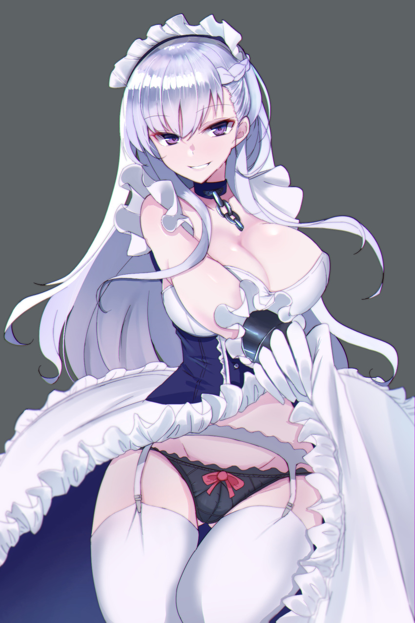 1girl :d apron azur_lane bangs bare_shoulders belfast_(azur_lane) black_panties bow bow_panties braid breasts center_frills chains cleavage collar collarbone corset cowboy_shot dress dress_lift elbow_gloves eyebrows_visible_through_hair flashing french_braid frilled_apron frills garter_straps gloves gluteal_fold grey_background highres large_breasts leg_up lifted_by_self long_hair looking_at_viewer maid maid_apron maid_headdress open_mouth oputon panties red_bow silver_hair simple_background skindentation skirt skirt_hold skirt_lift sleeveless sleeveless_dress smile solo standing standing_on_one_leg thigh-highs underwear very_long_hair violet_eyes white_apron white_dress white_gloves white_legwear