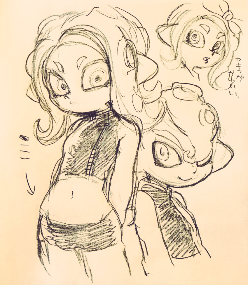 1boy 1girl agent_8 back-to-back crop_top graphite_(medium) highres looking_at_viewer midriff miniskirt mohawk octarian simple_background skirt smile splatoon splatoon_2 takozonesu tentacle_hair traditional_media