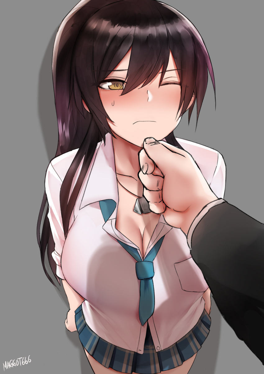 1girl absurdres bangs black_hair blush breasts checkered checkered_skirt cleavage closed_mouth dog_tags embarrassed fingernails hand_on_another's_face highres hips idolmaster idolmaster_shiny_colors large_breasts looking_at_viewer necktie norman_maggot one_eye_closed pocket ponytail school_uniform shadow shirase_sakuya shirt skirt sweatdrop twitter_username white_shirt yellow_eyes