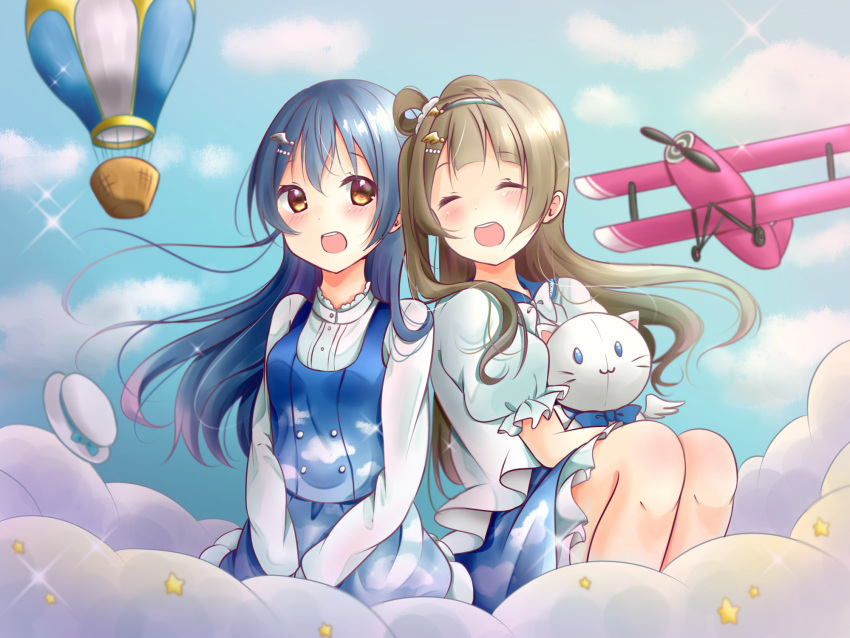 2girls aircraft airplane bangs blue_hair blush closed_eyes commentary_request dress grey_hair hair_between_eyes hair_ornament hairclip highres holding long_hair long_sleeves love_live! love_live!_school_idol_festival love_live!_school_idol_project minami_kotori multiple_girls one_side_up open_mouth short_sleeves sitting skirt smile sonoda_umi stuffed_animal stuffed_toy yellow_eyes