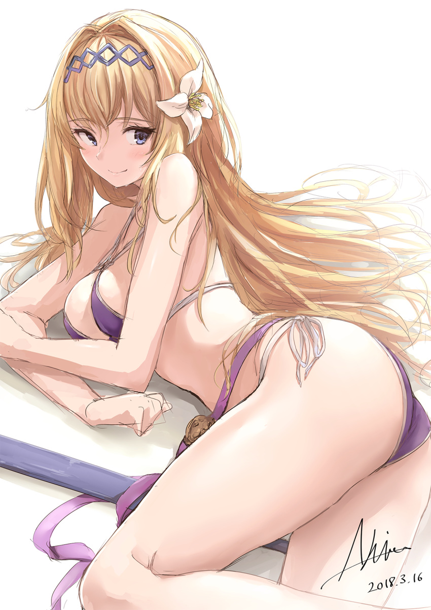 1girl akita_hika ass bangs bare_shoulders bikini blonde_hair blue_eyes blush breasts commentary_request dated diadem eyebrows_visible_through_hair flower granblue_fantasy hair_flower hair_intakes hair_ornament highres hips jeanne_d'arc_(granblue_fantasy) long_hair looking_at_viewer looking_back lying medium_breasts on_side polearm purple_bikini side-tie_bikini signature simple_background smile solo swimsuit thighs weapon white_background