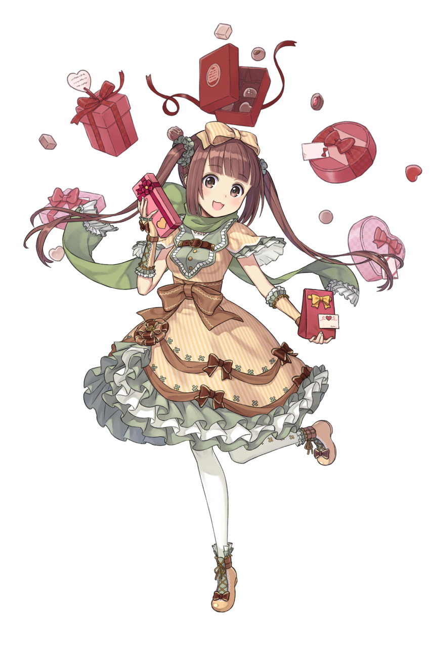 1girl :d blush bow box_of_chocolates brown_eyes brown_hair chocolate chocolate_heart dress full_body gift green_scarf hair_bow heart heart-shaped_box highres kisaragi_(princess_principal) long_hair looking_at-viewer looking_at_viewer official_art open_mouth pantyhose princess_principal princess_principal_game_of_mission scarf smile solo standing standing_on_one_leg transparent_background twintails white_legwear yellow_dress yellow_footwear