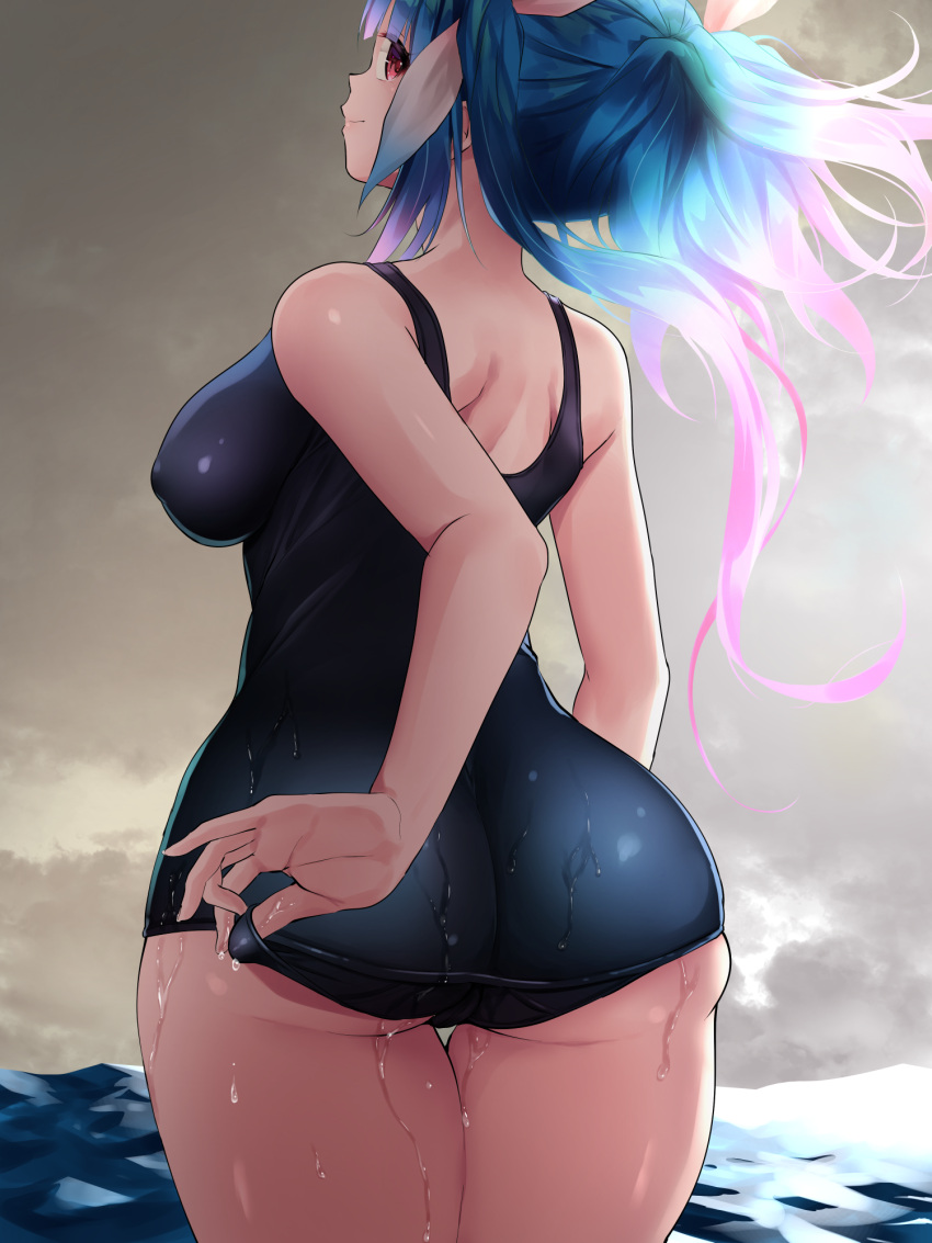 1girl ass blue_hair breasts commentary_request fang hair_ribbon highres i-19_(kantai_collection) kantai_collection large_breasts long_hair looking_at_viewer looking_back multicolored_hair oekakizuki one-piece_swimsuit partially_submerged pink_hair red_eyes ribbon school_swimsuit solo swimsuit symbol-shaped_pupils tri_tails water wet wet_clothes