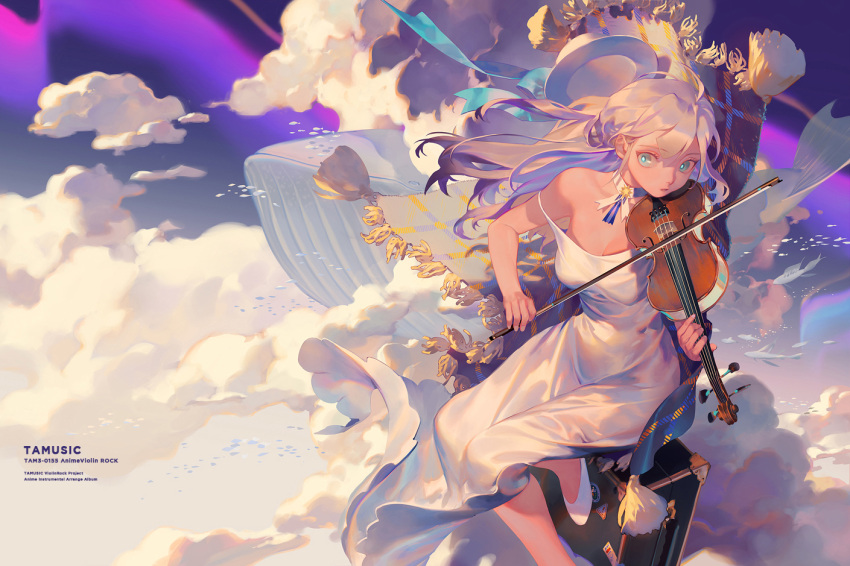 1girl ahoge bangs bare_shoulders blue_eyes breasts cleavage dress eyebrows_visible_through_hair fish holding holding_instrument instrument large_breasts long_hair music off_shoulder original parted_lips playing_instrument rei_(sanbonzakura) silver_hair sitting solo violin white_dress