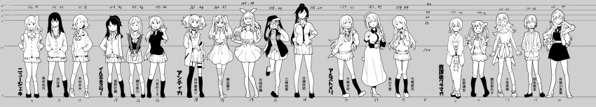 6+girls absurdres arisugawa_natsuha baseball_cap braid clothes_around_waist commentary doll dress everyone glasses greyscale hachimiya_meguru hat height_chart highres honda_mio idolmaster idolmaster_cinderella_girls idolmaster_shiny_colors jacket_around_waist japanese_clothes kazano_hiori kimono komiya_kaho kuwayama_chiyuki long_dress long_hair long_image looking_at_viewer medium_hair miniskirt mismatched_legwear mitsumine_yuika monochrome morino_rinze multiple_girls niku-name one_eye_closed oosaki_amana oosaki_tenka polo_shirt ponytail saijou_juri sakuragi_mano school_uniform shibuya_rin shimamura_uzuki shirase_sakuya short_hair skirt sonoda_chiyoko tanaka_mamimi tsukioka_kogane wide_image yuukoku_kiriko