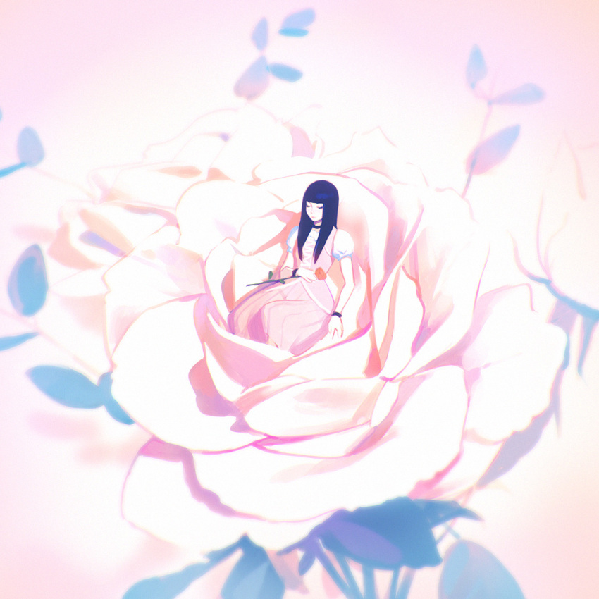 1girl black_hair bracelet choker closed_eyes closed_mouth commentary dress flower ilya_kuvshinov jewelry lips long_hair original rose solo