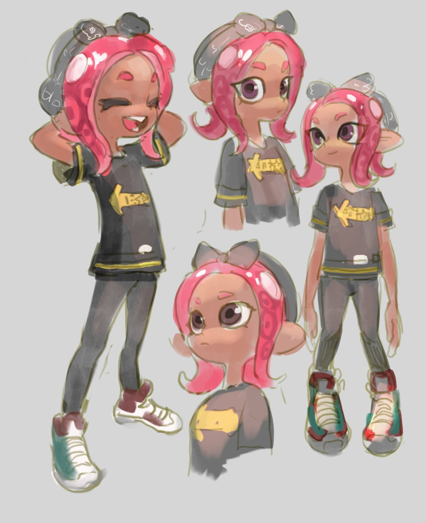 1girl arms_behind_head black_shirt black_shorts bow colo_(nagrolaz) fang hair_bow highres laughing octarian octopus pink_hair shirt shoes shorts sneakers splatoon splatoon_2 takozonesu tentacle_hair violet_eyes