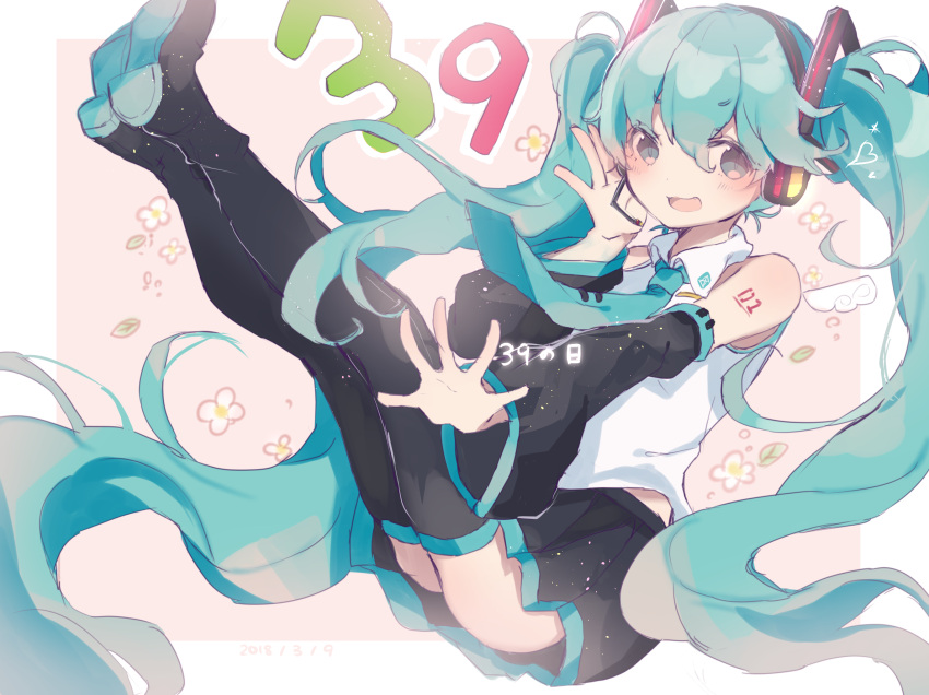 1girl :d aqua_eyes aqua_hair aqua_neckwear bangs bare_shoulders black_footwear black_skirt boots collared_shirt commentary_request detached_sleeves eyebrows_visible_through_hair fang floral_background hand_on_own_cheek hatsune_miku headset heremia highres legs_up long_hair long_sleeves looking_at_viewer miniskirt necktie open_mouth outside_border pink_background pleated_skirt shirt shoulder_tattoo skirt smile solo tareme tattoo thigh-highs thigh_boots twintails very_long_hair white_shirt wing_collar