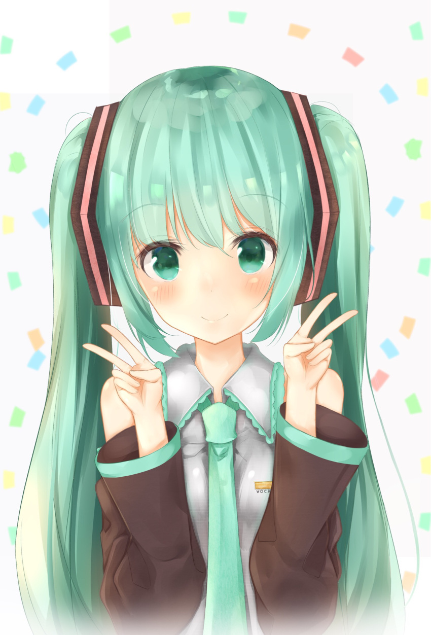 1girl bangs bare_shoulders blush closed_mouth collared_shirt commentary_request detached_sleeves double_v eyebrows_visible_through_hair fingernails green_eyes green_hair green_neckwear grey_shirt hair_between_eyes hair_ornament hands_up hatsune_miku highres long_sleeves looking_at_viewer necktie sashima shirt sleeveless sleeveless_shirt smile solo v vocaloid white_background wide_sleeves