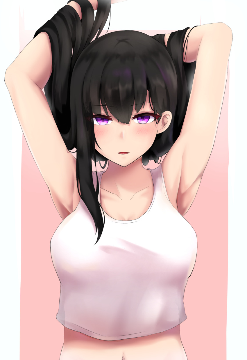 1girl absurdres adjusting_hair armpits arms_behind_head bangs black_hair blush breasts collarbone crop_top eyebrows_visible_through_hair highres large_breasts long_hair looking_at_viewer navel original parted_lips pink_background shirt solo tank_top upper_body violet_eyes white_shirt yukikiri