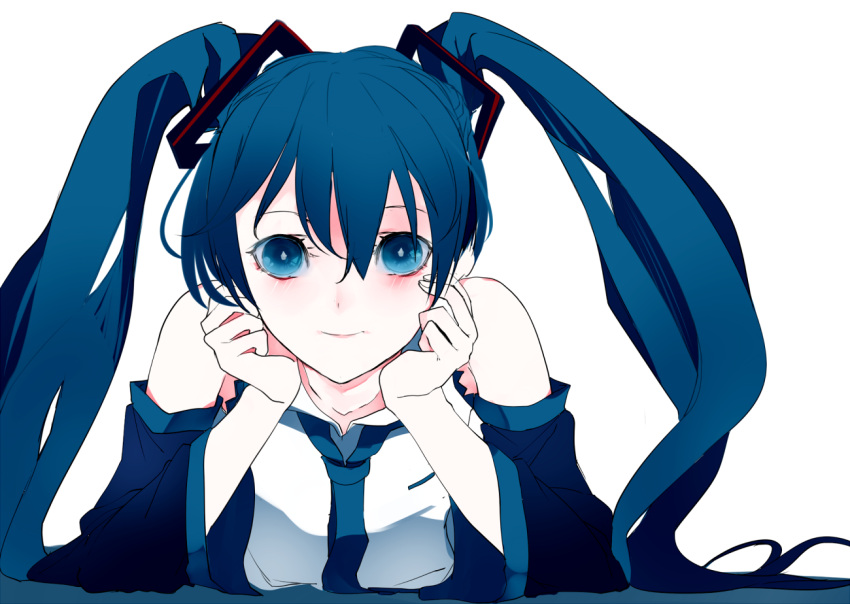 1girl aqua_eyes aqua_hair bent_elbows blue_eyes blush commentary_request detached_sleeves hair_ornament hands_on_own_face hatsune_miku ikurauni looking_at_viewer smile solo twintails upper_body vocaloid white_background