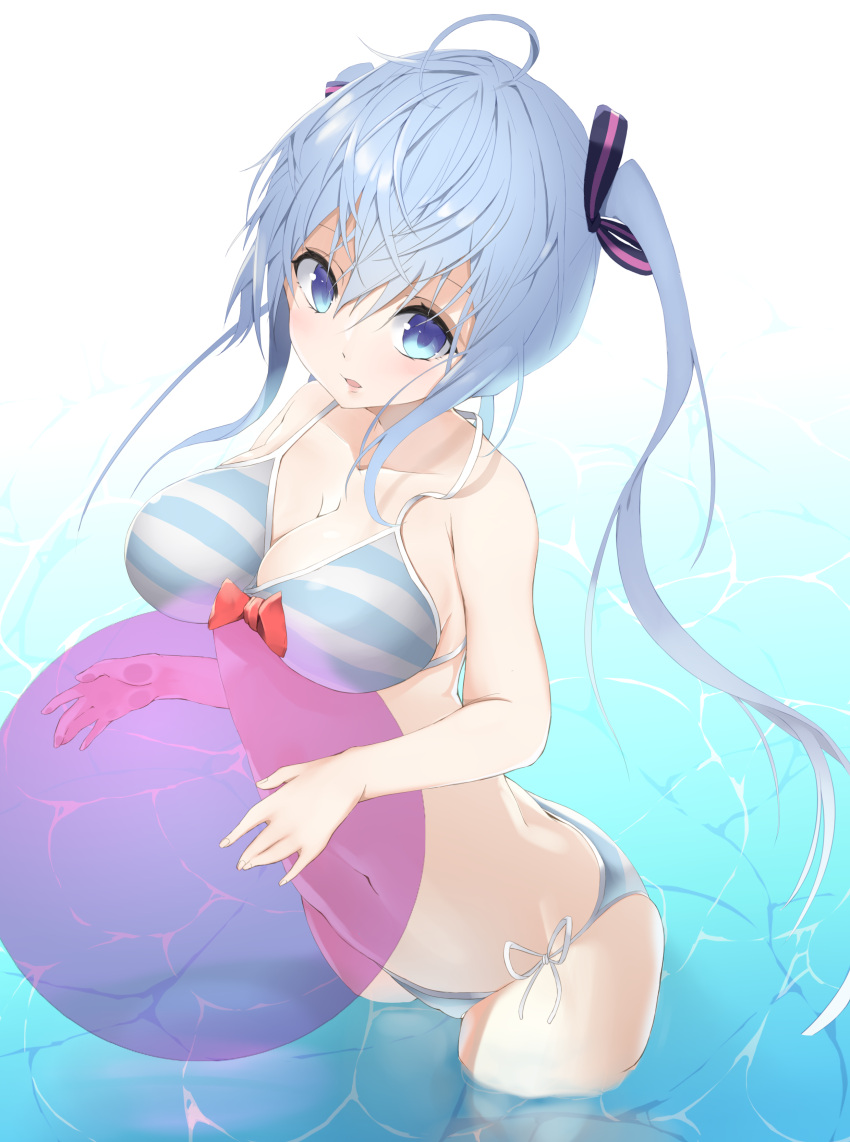 1girl absurdres ahoge arched_back ball bangs bikini blue_eyes blue_hair bow_bikini breasts cleavage collarbone cowboy_shot from_above hair_between_eyes hair_ribbon hatsune_miku highres long_hair looking_at_viewer navel parted_lips partially_submerged pocche-ex ribbon side-tie_bikini simple_background smile solo standing striped striped_swimsuit swimsuit twintails vocaloid water