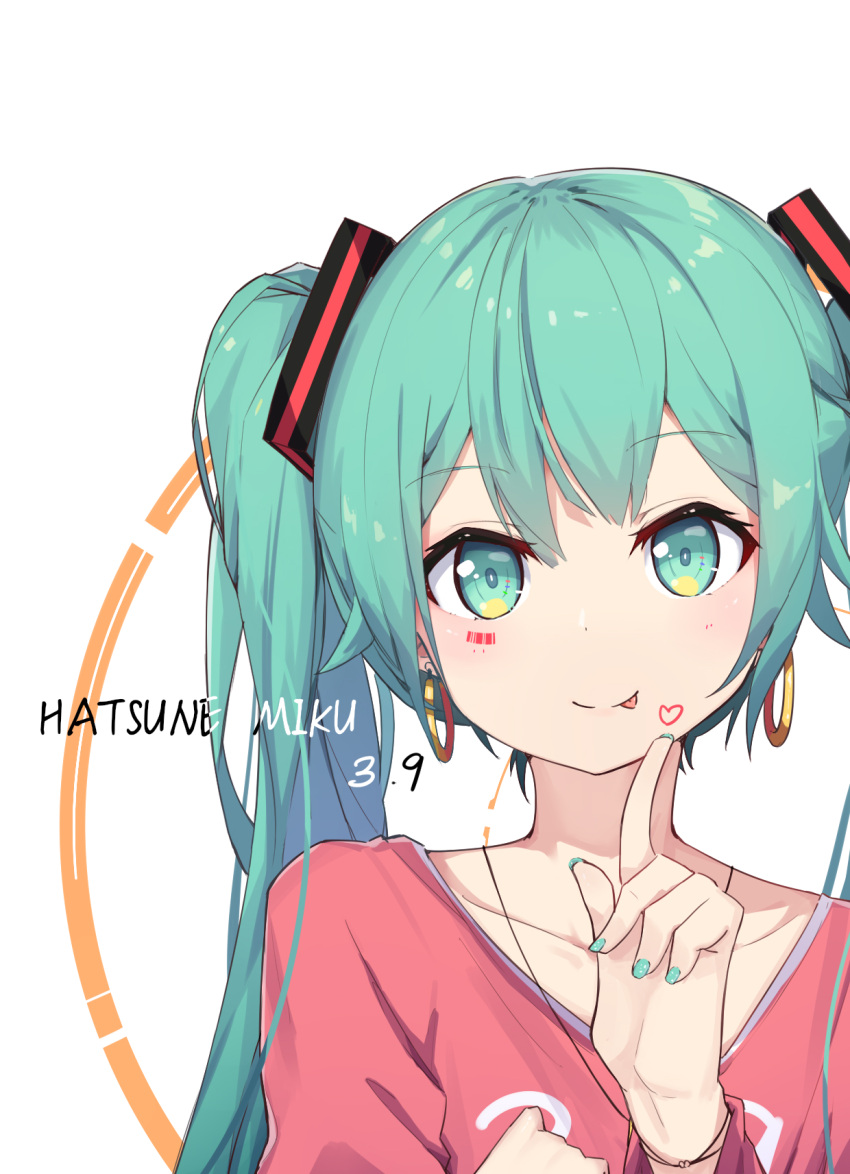 1girl 39 :p barcode_tattoo bracelet character_name earrings green_eyes green_hair hatsune_miku highres jewelry long_hair looking_at_viewer nail_polish necklace one_eye_closed solo tattoo tongue tongue_out twintails upper_body vocaloid white_background zhayin-san