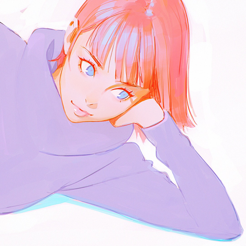 1girl arm_support blue_eyes ilya_kuvshinov lips lying on_side original redhead short_hair smile solo sweater white_background