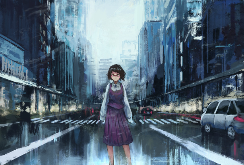 1girl black_hair blurry building car city crosswalk depth_of_field fjsmu ground_vehicle motor_vehicle pleated_skirt road semi-rimless_eyewear short_hair skirt skirt_set solo street touhou under-rim_eyewear usami_sumireko