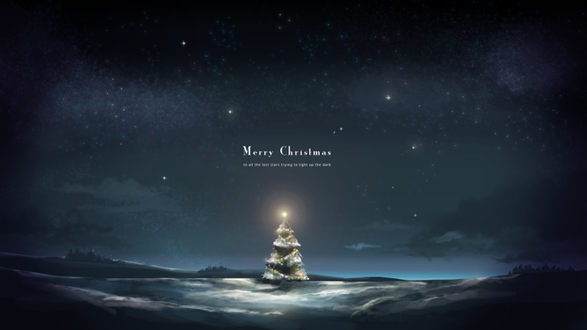 christmas christmas_ornaments christmas_tree clouds commentary commentary_request english highres landscape leona_(yun_laurant) merry_christmas night night_sky no_humans original pine_tree scenery sky star_(sky) starry_sky text tree