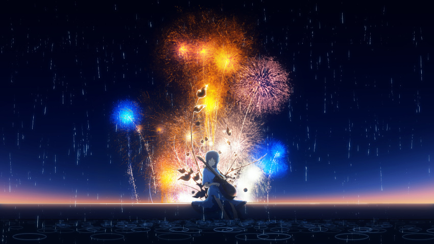 1girl blue_hair closed_eyes commentary_request dress facing_viewer fireworks highres holding horizon instrument instrument_request long_hair music night night_sky original playing_instrument ripples scenery sky smile soaking_feet solo water water_surface y_y_(ysk_ygc)