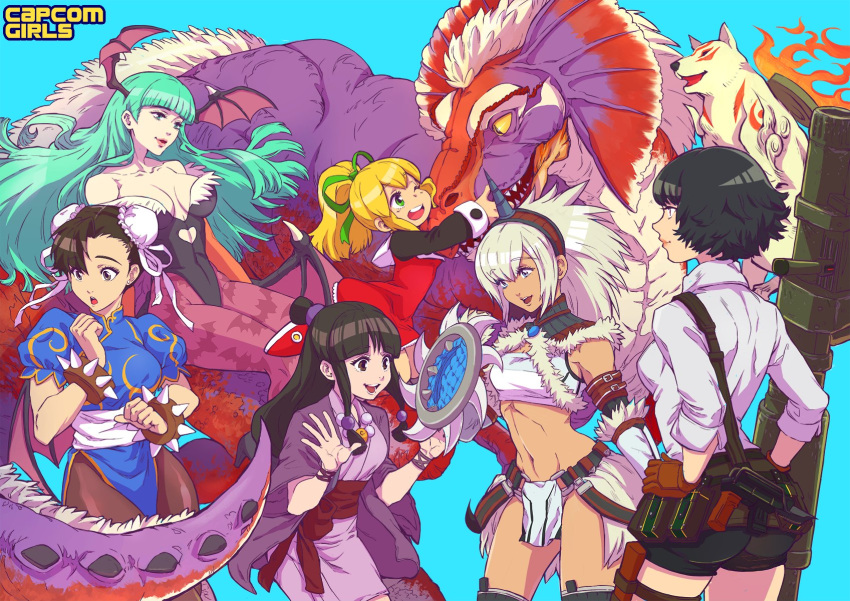6+girls amaterasu ayasato_mayoi bazooka black_hair blonde_hair breasts capcom chinese_clothes chun-li cleavage company_connection devil_may_cry devil_may_cry_3 fangs green_hair gyakuten_saiban highres kirin_(armor) lady_(devil_may_cry) monster monster_hunter morrigan_aensland multiple_girls navel ookami_(game) rockman rockman_(classic) roll simple_background smile stomach street_fighter toned tricia_wee vampire_(game) weapon wolf